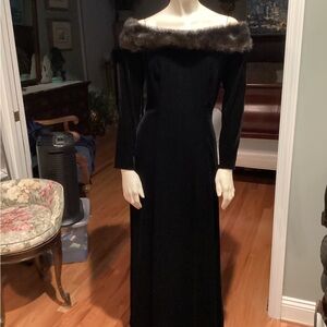 Cachet Long Black Velvet Dress with Mink Collar